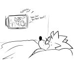 2025 ambiguous_gender anthro beastofeuthanasia bed bedding black_eyes black_nose blanket bodily_fluids dialogue digital_drawing_(artwork) digital_media_(artwork) dragon electronics english_description english_text eulipotyphlan european_mythology feral furniture grey_eyelids greyscale head_on_pillow hedgehog human ill knight lying lying_on_bed male mammal monochrome mythological_creature mythological_scalie mythology on_bed roaring scalie sega sketch solo sonic_the_hedgehog sonic_the_hedgehog_(series) sweat television text tired_eyes under_blanket warrior watching_television western_dragon white_blanket winged_dragon yelling