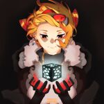  1girl absurdres anip black_background blonde_hair cube earrings eyewear_on_head gloves highres hololive hololive_indonesia jewelry kaela_kovalskia kaela_kovalskia_(1st_costume) looking_down red_eyes red_gloves simple_background single_earring solo tinted_eyewear upper_body 