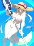  anthro blush breasts canid canine canis clothing domestic_dog edit female fur genitals hair hat headgear headwear helga_(world_flipper) hi_res kame_3 kemono looking_at_viewer mammal nipples pussy smile solo swimwear video_games white_body world_flipper 