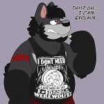  1:1 anthro blush chin_scratch clothing embarrassed english_text hi_res hybrid krousser male mammal shirt solo tank_top text text_on_clothing text_on_shirt text_on_tank_top text_on_topwear thepandobo topwear ursid 