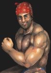  1boy absurdres bandana biceps black_background black_eyes blush chanta_(ayatakaoisii) flexing gachimuchi grin highres jewelry looking_at_viewer male_focus muscle necklace pectorals pose ricardo_milos sanpaku shirtless simple_background smile solo 