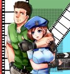  1boy 1girl arm_around_neck arm_under_breasts beret black_gloves blue_eyes blue_headwear blue_shirt blush breasts brown_hair chris_redfield clapperboard closed_mouth commentary_request english_text eyebrows_visible_through_hair film_strip fingerless_gloves gloves green_vest hand_in_pocket hand_on_another&#039;s_arm hat holding jill_valentine large_breasts looking_at_another multicolored multicolored_background nagare open_mouth resident_evil shirt short_hair smile standing thumbs_up upper_body vest white_shirt 