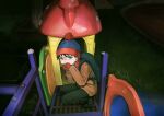  1boy backpack bag beanie black_hair blue_eyes chinese_commentary chun_baii dark gloves grass hand_to_own_mouth hat jacket looking_at_viewer male_focus night outdoors pants playground red_gloves running_track short_hair slide solo south_park squatting stan_marsh vomit vomiting 