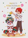  2020 2boys absurdres blue_hair brown_pants brown_shoes buggy_the_clown christmas_sweater christmas_tree_hat clown_nose full_body gloves gol_d._roger highres male_focus merry_christmas multiple_boys musical_note one_piece open_mouth pants red_hair shanks_(one_piece) shirt shoes silvers_rayleigh sitting slippers spoken_musical_note spoken_squiggle squiggle star_(symbol) vamos_mk white_gloves white_shirt white_slippers 