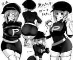  1girl absurdres ass bangs belt blush boots bound breasts breat cabbie_hat clenched_hand commentary cosplay dress flying_sweatdrops from_behind girls_und_panzer gloves greyscale half-closed_eyes hand_in_hair hand_on_hip hat highres holding holding_poke_ball kumo_(atm) leaning_forward long_sleeves looking_at_viewer looking_back medium_breasts microdress monochrome multiple_views nishizumi_miho one_eye_closed open_mouth pencil_dress poke_ball poke_ball_(basic) short_hair smile standing sweatdrop team_rocket_grunt team_rocket_grunt_(cosplay) team_rocket_uniform tearing_up thigh_boots thighhighs translated 