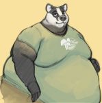  anthro badger belly big_belly black_body black_fur clothed clothing fur hand_on_stomach male mammal moobs mustelid musteline obese obese_anthro obese_male overweight overweight_anthro overweight_male solo white_body white_fur yasano_(artist) 