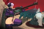  1girl armor beyond_citadel breasts collar cosita_art crotch_strap gloves grey_collar gun headgear highres holding holding_gun holding_weapon holster lips long_sleeves martyr_(the_citadel) medium_breasts outdoors purple_eyes purple_gloves purple_hair purple_thighhighs pyramid_(structure) red_sky revealing_clothes rifle short_hair shoulder_holster skindentation sky sleeve_pouch sniper_rifle solo the_citadel thighhighs weapon 