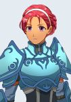  1girl arm_belt armor arms_at_sides breastplate closed_mouth dark_skin donta30303 elbow_pads elbow_sleeve fiona_(fire_emblem) fire_emblem hairband looking_at_viewer purple_eyes red_hair short_hair shoulder_armor simple_background upper_body 