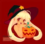  1girl antenna_hair archived_source bad_source bare_arms bare_shoulders black_hat blush commentary_request dated_commentary english_text hair_ornament halloween hat hat_ornament jack-o&#039;-lantern jpeg_artifacts korean_commentary long_hair looking_at_viewer no_lineart nude open_mouth orange_eyes popcorn_kang pumpkin red_background red_eyes simple_background solo star_(symbol) star_hair_ornament star_hat_ornament trick_or_treat two-sided_fabric two-sided_headwear upper_body web_address witch 