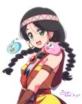  1girl 2025 2others :d armlet black_hair bracer braid breasts commentary_request dated dragon_quest dragon_quest_yuusha_abel_densetsu dress earrings floating_hair gem gold_earrings green_eyes headband hoop_earrings jewelry looking_at_viewer low_twin_braids lunamoon medium_breasts multiple_others necklace open_mouth pink_slime_(dragon_quest) red_gemstone slime_(dragon_quest) smile strapless strapless_dress tialah twin_braids upper_body white_background yellow_dress 