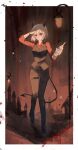  1girl absurdres alcohol black_border black_horns black_nails black_tail black_vest blush border bottle breasts commentary demon_girl demon_horns demon_tail green_background grumpy hand_in_own_hair helltaker highres holding holding_bottle horns large_breasts looking_at_viewer malina_(helltaker) pantyhose red_eyes red_shirt shirt short_hair solo tail uruauro vest vodka waistcoat white_hair 