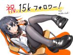  1girl akatsuki_(kancolle) akatsuki_kai_ni_(kancolle) artist_name black_hair black_pantyhose black_sailor_collar black_shoes black_skirt chair commentary_request eckert&amp;eich grey_eyes grin highres kantai_collection loafers long_hair long_sleeves milestone_celebration neckerchief pantyhose red_neckerchief sailor_collar shirt shoes skirt smile solo thighband_pantyhose translation_request twitter_username v white_shirt 