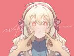  1girl 1other :i blush hairband highres kagerou_project kozakura_marry looking_at_viewer mokemoke_chan pink_background pink_eyes pink_hair pink_hairband pink_ribbon ribbon sidelocks simple_background twitter_username wavy_hair white_hair 