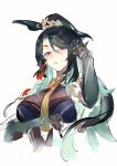  1girl absurdres black_hair breasts colored_inner_hair genshin_impact gloves green_hair grey_eyes hair_ornament highres jewelry large_breasts long_hair looking_at_viewer multicolored_hair ponytail solo tassel two-tone_hair very_long_hair watercolor_effect xiangchizhubijin xianyun_(genshin_impact) 