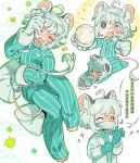  1girl :d ^_^ adjusting_clothes adjusting_gloves animal_ears blue_pajamas blue_pants blue_shirt bowl burn_scar chinese_commentary closed_eyes commentary_request dropped_food fang full_body gloves grey_eyes happy_aura highres holding holding_bowl holding_spoon lab_coat long_sleeves mask mouse_ears mouse_girl mouse_tail mouth_mask multiple_views open_mouth original pajamas pants pillow qingjiao_baochao_ningmeng rice_bowl scar scar_on_face shirt short_hair sitting smile sparkle spoon striped_clothes striped_pants striped_shirt surgical_mask tail translation_request vertical-striped_clothes vertical-striped_pants vertical-striped_shirt white_gloves white_hair 