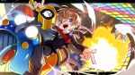  1boy banana_peel black_background black_shirt blonde_hair blue_eyes car chibi commentary_request driving full_body fura_kanato highres jisshu letterboxed long_sleeves looking_to_the_side male_focus mario_(series) mario_kart motor_vehicle multicolored_hair nijisanji open_mouth orange_hair rainbow_road scarf shirt simple_background smile solo streaked_hair teeth upper_teeth_only virtual_youtuber white_scarf 