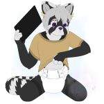 1:1 absurd_res ailurid anthro black_body black_fur brown_clothing brown_shirt brown_topwear clean_diaper clothed clothing clothing_lift d._azimi_(fennecat) dead_eyes diaper facial_scar fennecat fur grey_hair hair hi_res holding_object holding_tablet male mammal markings monochrome_body purple_eyes purple_nose red_panda scar shirt shirt_lift solo spotted_ears topwear tuft watermark wearing_diaper white_markings yellow_tuft