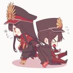  >_< 1boy 1girl armored_boots black_cape black_hair black_hat black_jacket black_pants boots brother_and_sister cape cape_grab chain chibi chibi_only clothes_grab collared_cape crest dragging family_crest fate/grand_order fate_(series) fiery_hair flying_sweatdrops gloves gold_chain grey_gloves hair_between_eyes hat jacket jitome jodhpurs kepi long_hair long_sleeves low_ponytail medallion military_hat military_jacket military_uniform oda_nobukatsu_(fate) oda_nobunaga_(fate) oda_uri open_mouth pants peaked_cap ponytail profile puff_of_air raised_eyebrows red_cape red_eyes red_jacket red_pants shadow siblings sidelocks simple_background sitting v-shaped_eyebrows very_long_hair walking wavy_mouth white_background yzrh0 