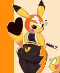 absurd_res anthro beady_eyes big_butt black_body black_bottomwear black_clothing black_eyes black_fur black_pants black_topwear blush blush_stickers bottomwear butt butt_cleavage clothed clothing cosplay_pikachu_(costume) dipstick_ears dipstick_tail ear_markings eyelashes female fur generation_1_pokemon glistening glistening_bottomwear glistening_clothing glistening_pants heart_cutout heart_symbol hi_res huge_butt looking_at_butt looking_at_viewer looking_back looking_back_at_viewer markings mask multicolored_ears nintendo orange_background orange_bottomwear orange_clothing orange_pants pants pikachu pikachu_libre pokemon pokemon_(species) rear_view short_stack simple_background smile snaggle_tooth solo sports_mask sportswear supergal64 tail tail_markings tan_background thick_thighs tight_bottomwear tight_clothing tight_pants topwear wide_hips wrestling_mask yellow_body yellow_fur