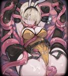  1girl animal_ears arms_up black_gloves black_thighhighs breasts commentary_request elbow_gloves fake_animal_ears folded girls&#039;_frontline girls&#039;_frontline_2:_exilium gloves grey_hair hair_over_one_eye highleg highleg_leotard highres large_breasts leotard medium_hair official_alternate_costume open_mouth playboy_bunny rabbit_ears rape restrained solo tactical_playboy_bunny tentacle_pit tentacle_sex tentacles thighhighs tongue tongue_out variant_set vector_(girls&#039;_frontline) vector_(girls&#039;_frontline_2) vector_(molotov_bunny)_(girls&#039;_frontline_2) yamano_(yamanoh) yellow_eyes yellow_leotard 