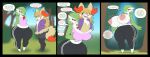 absorption_vore alarmed anthro big_breasts big_butt blonde_hair bottomwear braixen breast_expansion breast_transformation breasts butt clothing comic dialogue drpolice duo english_text expansion eyewear fan_character female flat_chested fox_ears fox_tail fur gardevoir generation_3_pokemon generation_6_pokemon glasses green_body green_hair green_skin hair hi_res hoodie huge_breasts huge_butt humanoid_pointy_ears legwear multicolored_body multicolored_fur nintendo open_mouth outside pants pantsless_anthro pantsless_female pink_clothing pink_shirt pink_tank_top pink_topwear pointy_ears pokemon pokemon_(species) purple_clothing purple_hoodie purple_topwear red_body red_eyes red_fur shirt smile tank_top text thigh_highs topwear transformation two_tone_body vore white_body white_fur yellow_body yellow_fur yoga_pants