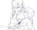  1boy 1girl ahoge aunt_and_nephew blood blood_from_mouth blood_on_clothes blood_on_face bracelet chinese_clothes chinese_knot chongyun_(genshin_impact) closed_eyes clothing_cutout crying crying_with_eyes_open cuts eyelashes facing_another genshin_impact greyscale hair_over_one_eye hand_on_own_face hand_on_own_stomach highres hooded_shirt injury jewelry long_hair long_sleeves looking_down monochrome pursed_lips seraharuko shenhe_(genshin_impact) shoulder_cutout sketch tears unconscious white_background 