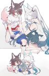  alternate_costume animal_ears breasts feixiao_(honkai:_star_rail) fud green_hair highres honkai:_star_rail honkai_(series) long_hair medium_breasts multiple_girls shorts simple_background sportswear tingyun_(honkai:_star_rail) very_long_hair white_background white_hair yukong_(honkai:_star_rail) yuri 