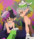 2girls armpit_crease bare_shoulders black_dress black_hair black_jumpsuit blurry blurry_background bow-shaped_hair breasts callie_(splatoon) callie_(squid_sisters_outfit)_(splatoon) cleavage closed_mouth collar cousins cross-shaped_pupils detached_collar dress earrings gloves gradient_hair green_hair green_pantyhose grey_hair hand_on_another&#039;s_leg highres inkling jewelry jumpsuit long_hair long_pointy_ears looking_at_viewer marie_(splatoon) marie_(squid_sisters_outfit)_(splatoon) multicolored_hair multiple_girls pantyhose pink_hair pink_pantyhose pointy_ears short_hair short_jumpsuit sitting smile splatoon_(series) splatoon_1 strapless strapless_dress surume01417 swept_bangs symbol-shaped_pupils tentacle_hair thick_eyebrows white_collar white_gloves yellow_eyes 
