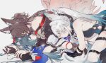  alternate_costume animal_ears breasts feixiao_(honkai:_star_rail) fud fugue_(honkai:_star_rail) green_hair highres honkai:_star_rail honkai_(series) licking long_hair lying_on_person medium_breasts multiple_girls shorts simple_background sportswear sweat thighs tingyun_(honkai:_star_rail) very_long_hair white_background white_hair yukong_(honkai:_star_rail) yuri 