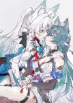  2girls absurdres animal_ears breasts feixiao_(honkai:_star_rail) fud green_hair highres honkai:_star_rail honkai_(series) long_hair medium_breasts multiple_girls simple_background very_long_hair white_background white_hair yukong_(honkai:_star_rail) yuri 