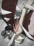  bird black_eyes black_hair commentary extra_mouth fearow fighting handstand highres imminent_bite long_neck looking_at_another looking_back mawile one_arm_handstand open_mouth pokemon pokemon_(creature) red_eyes sakuraiisui shadow sharp_teeth teeth tile_floor tiles turning_head 