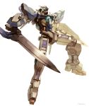  absurdres aqua_eyes daue floating glowing glowing_eyes gundam gundam_00 gundam_exia highres holding holding_sword holding_weapon looking_up mecha no_humans open_hand signature solo sword v-fin weapon white_background 