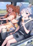  2girls :d animal_ear_fluff animal_ears artist_name bag black_shirt blue_hair blush breasts car_interior car_seat cat_ears cat_girl cat_tail cellphone cleavage collarbone commentary_request crew_neck cup day dog_ears dog_girl dog_tail dot_nose drinking_straw driving fang fangs feet_out_of_frame floating_hair food food_wrapper grass guard_rail hand_up handbag highres hill holding holding_food holding_ice_cream holding_ice_cream_cone holding_steering_wheel hood hooded_jacket ice_cream ice_cream_cone jacket licking long_hair looking_at_viewer m_ydayo medium_breasts multiple_girls on_chair one_eye_closed open_clothes open_jacket open_mouth orange_eyes orange_hair orange_jacket orange_shorts original outstretched_arms phone seatbelt shirt short_hair short_sleeves shorts shoulder_bag sitting sleeves_rolled_up small_breasts smile steering_wheel tail tongue tree wind window 
