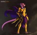 abstract_background accessory anthro armor backpack bag billowing_cape cape clothing dust_cloud female feretta furgonomics hi_res horn kobold looking_at_viewer marun_(reaperonico) melee_weapon pink_body potion scalie solo sword tail tail_accessory tail_bag three-quarter_view vial walking_cane weapon yellow_eyes