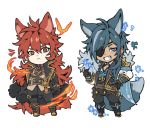  2boys animal_ears bangs belt black_clothes black_pants black_suit blue_cape blue_eyes blue_hair cape chibi commentary dark_skin diluc_(genshin_impact) dog_ears dog_tail expressionless eyepatch fire formal full_body fur_cape genshin_impact grin highres jennygin2 kaeya_(genshin_impact) long_hair male_focus multiple_belts multiple_boys pants red_eyes red_hair side_ponytail sidelocks simple_background smile snowflakes suit tail vision_(genshin_impact) white_background 