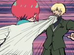  1boy 1girl amate_yuzuriha anger_vein aqua_shirt blonde_hair blue_eyes bodysuit collared_shirt engiyoshi green_jacket gundam gundam_gquuuuuux jacket long_sleeves open_mouth pants parody punching quattro_bajeena red_hair retro_artstyle school_uniform science_fiction shirouzu_(gundam) shirt short_hair style_parody sweater zeta_gundam 