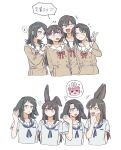  ... 4girls ^_^ animal_ears bang_dream! bang_dream!_it&#039;s_mygo!!!!! black_hair blue_eyes blue_neckerchief blue_shirt blush bow bowtie closed_eyes closed_mouth commentary_request criangle_k. dress green_eyes hair_between_eyes hair_ornament hairclip hanasakigawa_school_uniform hanazono_tae highres kemonomimi_mode long_hair long_sleeves medium_hair multiple_girls neckerchief okusawa_misaki open_mouth purple_eyes rabbit_ears rabbit_girl red_bow red_bowtie sailor_collar sailor_dress school_uniform serafuku shiina_taki shirt short_sleeves simple_background speech_bubble spoken_ellipsis summer_uniform sweatdrop white_background white_sailor_collar winter_uniform yahata_umiri 