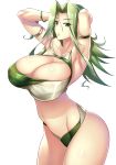  1girl absurdres arm_strap arms_behind_head bikini breasts cleavage collarbone green_eyes green_hair haganef hair_between_eyes hair_strand highres lamia_loveless large_breasts leaning_forward long_hair looking_at_viewer midriff navel official_alternate_costume parted_lips solo super_robot_wars super_robot_wars_original_generation super_robot_wars_x-omega swimsuit white_background 