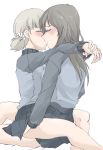  2girls aki_(girls_und_panzer) blue_skirt blush breasts closed_eyes elf_(stroll_in_the_woods) girls_und_panzer grey_hair keizoku_military_uniform kiss long_hair medium_breasts mika_(girls_und_panzer) military military_uniform multiple_girls shiny shiny_hair simple_background skirt small_breasts straddling sweat twintails uniform upright_straddle white_background white_hair yuri 