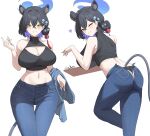  1girl absurdres animal_ears ass black_hair black_panties black_shirt blue_archive blue_halo blue_pants blush breasts cleavage cleavage_cutout closed_mouth clothing_cutout commentary crop_top denim extra_ears eyeliner from_behind hair_between_eyes hair_ornament halo highres jeans kaguya_(blue_archive) kurochomo large_breasts looking_at_viewer makeup multiple_views navel one_eye_closed panther_ears panther_girl panther_tail panties pants red_eyeliner shirt simple_background sleeveless sleeveless_shirt slit_pupils smile tail tassel tassel_hair_ornament thigh_gap turtleneck turtleneck_shirt underwear white_background yellow_eyes 