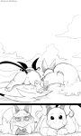 3:5 butt duo generation_1_pokemon generation_8_pokemon hi_res looking_at_viewer lying monochrome nickit nintendo on_front outside pawpads pokemon pokemon_(species) raichu smile winick-lim