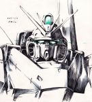  aqua_eyes artist_name close-up dated daue glowing glowing_eyes gundam highres ink_(medium) looking_at_viewer mecha no_humans science_fiction solo traditional_media v-fin v2_gundam victory_gundam 