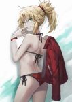  1girl ass back bangs bare_shoulders bikini blonde_hair braid breasts fate/grand_order fate_(series) french_braid green_eyes grin hair_ornament hair_scrunchie halterneck highres jacket jacket_removed jewelry long_hair looking_at_viewer looking_back mordred_(fate)_(all) mordred_(swimsuit_rider)_(fate) necklace ponytail red_bikini red_jacket red_scrunchie scrunchie side-tie_bikini sidelocks simple_background small_breasts smile solo string_bikini swimsuit tail thighs tonee tongue tongue_out 