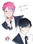  2boys alien_stage black_hair black_jacket black_necktie blue_hair collared_shirt commentary diagonal-striped_clothes diagonal-striped_necktie english_commentary genderswap genderswap_(ftm) glasses heart heart-shaped_eyes highres index_finger_raised jacket male_focus mizi_(alien_stage) multicolored_hair multiple_boys necktie nikuman_0bun official_alternate_costume one_eye_closed pink_hair purple_eyes school_uniform ship_name shirt short_hair striped_clothes sua_(alien_stage) two-tone_hair uranus_symbol venus_symbol very_short_hair white_shirt yellow_eyes 