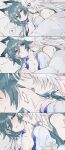  alternate_costume animal_ears bed breasts feixiao_(honkai:_star_rail) fud green_hair highres honkai:_star_rail honkai_(series) licking licking_another&#039;s_neck long_hair medium_breasts multiple_girls on_bed shorts simple_background sportswear under_covers very_long_hair white_background white_hair yukong_(honkai:_star_rail) yuri 