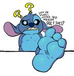  2019 3_toes ? alien ambiguous_gender anthro black_eyes blue_body blue_fur blue_nose confusion constructed_language dialogue disney english_text experiment_(lilo_and_stitch) eyebrows feet fictional_language filthyopossum foot_focus fur head_tuft lilo_and_stitch looking_at_viewer male_(lore) purple_inner_ear raised_eyebrow sharp_teeth simple_background solo stitch_(lilo_and_stitch) talking_to_viewer tantalog_text teeth text toes tuft white_background 