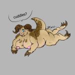  1:1 absurd_res anthro areola belly bethesda_softworks big_breasts big_butt blue_eyes blush breasts brown_body butt claws deathclaw dialogue english_text fallout female hi_res horn kyain looking_at_viewer lying nipples nude on_front pink_areola pink_nipples scales simple_background slightly_chubby solo speech_bubble text thick_thighs video_games 