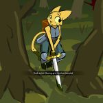  1:1 2020 anthro armor aygee bethesda_softworks dark_souls english_text felid female forest fromsoftware fur hi_res holding_object holding_sword holding_weapon katia_managan khajiit looking_aside mammal melee_weapon outside pink_nose prequel solo sword text the_elder_scrolls tree video_games weapon webcomic yellow_body yellow_fur 