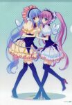  2000s_(style) 2girls absurdres black_thighhighs blue_eyes blue_hair boots breasts cleavage exit_trance exit_tunes high_heels highres holding_hands interlocked_fingers legs maid medium_breasts multiple_girls nanao_naru official_art orange_eyes pink_hair scan shoes thigh_boots thighhighs third-party_source trance_(music) twintails wings 