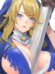  1girl between_breasts blonde_hair blue_eyes breasts cross habit highres huge_breasts large_breasts long_hair mole mole_under_mouth nun pupps queen&#039;s_blade queen&#039;s_blade_rebellion raised_eyebrow revision sigui_(queen&#039;s_blade) solo torn_clothes underboob upper_body 
